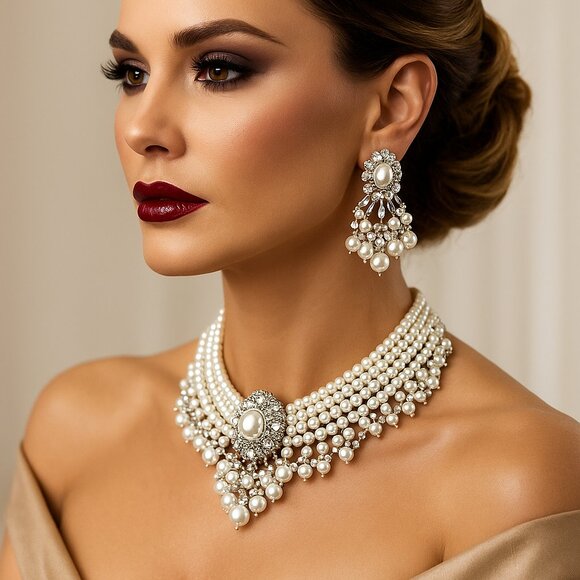 Handmade Pearl Bridal Jewelry Set – Statement Necklace & Earrings for Weddings - Picture 1 of 9